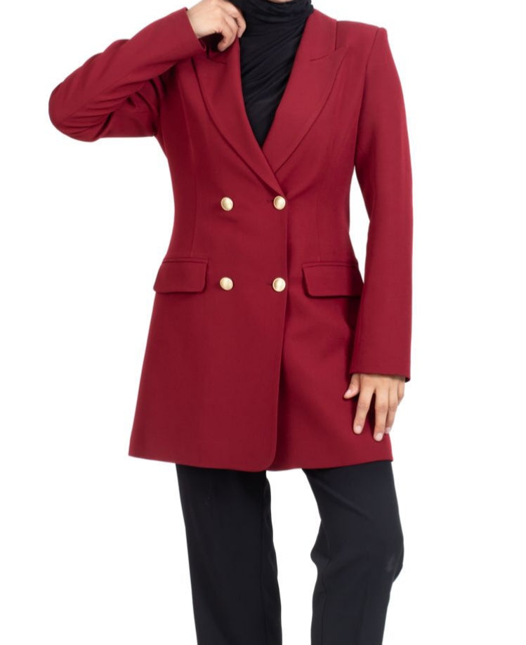 Double Uzun Ceket-Bordo