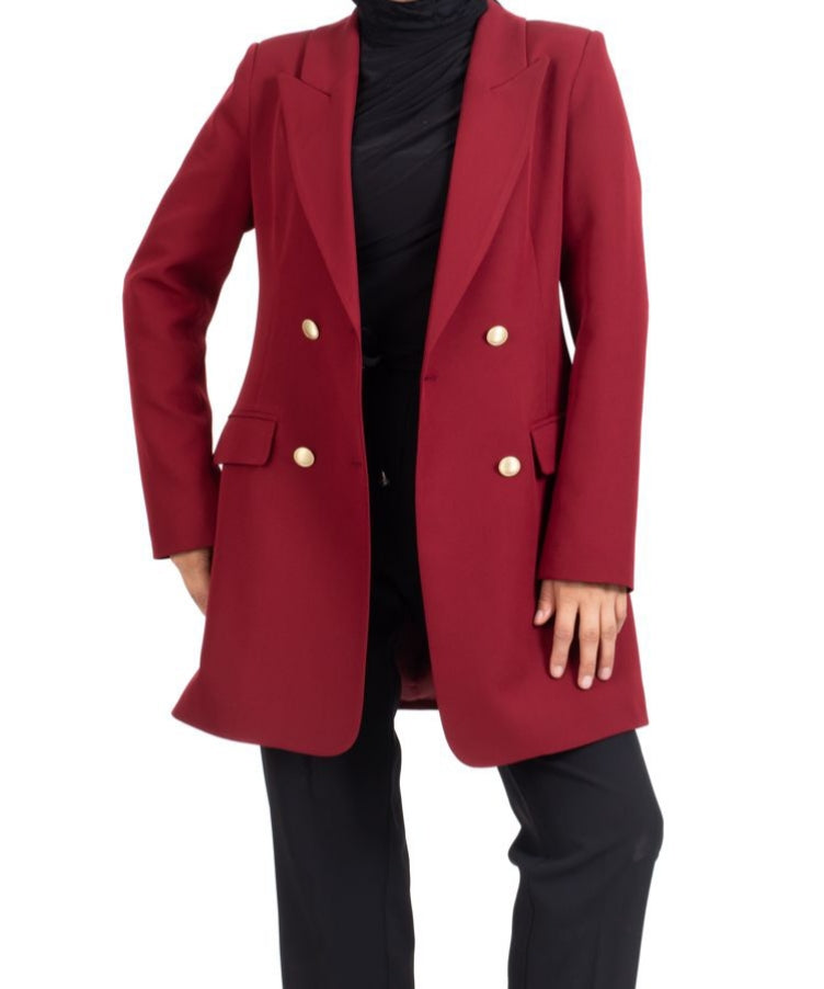 Double Uzun Ceket-Bordo